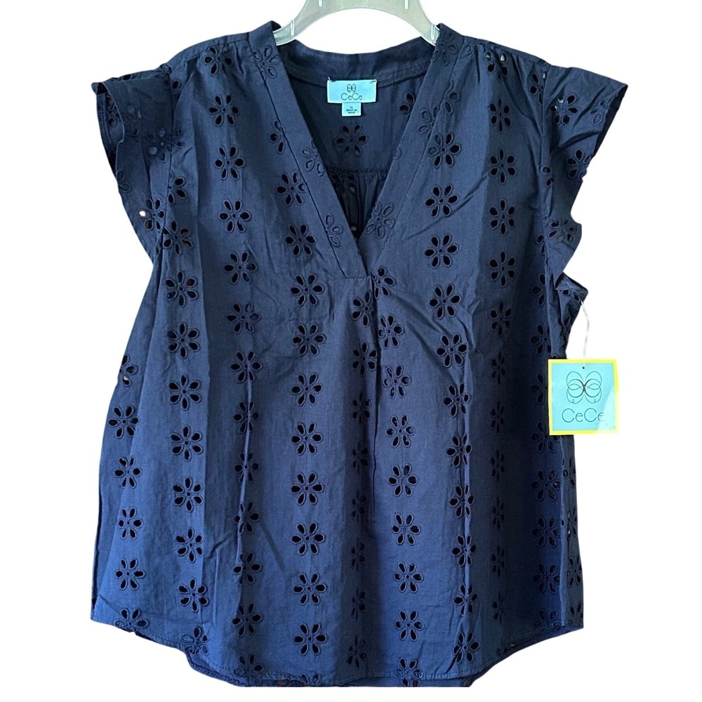 NWT CeCe Womens Navy Blue Eyelet Top Flutter Sleeve V-Neck Cotton Blouse XL